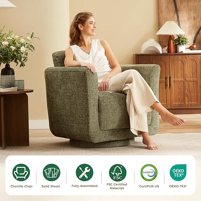 Swivel Accent Chairs Set of 2, Fully Assembled Barrel Chairs, Accent Chairs with Solid Wood Frame & Ergonomic Cushion, 360° Chenille Armchairs for Living Room & Bedroom, Forest Green