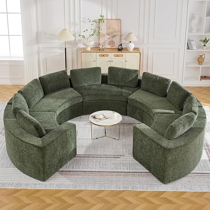 WUTUTUEE 145'' Curved Round Boneless Couch, Oversized U Shaped Sofa with Deep Seat & Arms, Chenille Modular Sectional Sofa with Pillows, Upholstered Comfy 10 Seat Couch for Living Room, Green