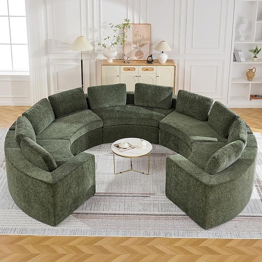 WUTUTUEE 145'' Curved Round Boneless Couch, Oversized U Shaped Sofa with Deep Seat & Arms, Chenille Modular Sectional Sofa with Pillows, Upholstered Comfy 10 Seat Couch for Living Room, Green