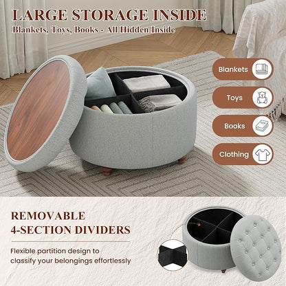 25Inch Round Ottoman with Storage, Tufted Fabric Modern Circle Ottoman with Reversible Tray Lid and Wood Legs, Multi-Functional Small Coffee Table for Living Room, Bedroom, Gray