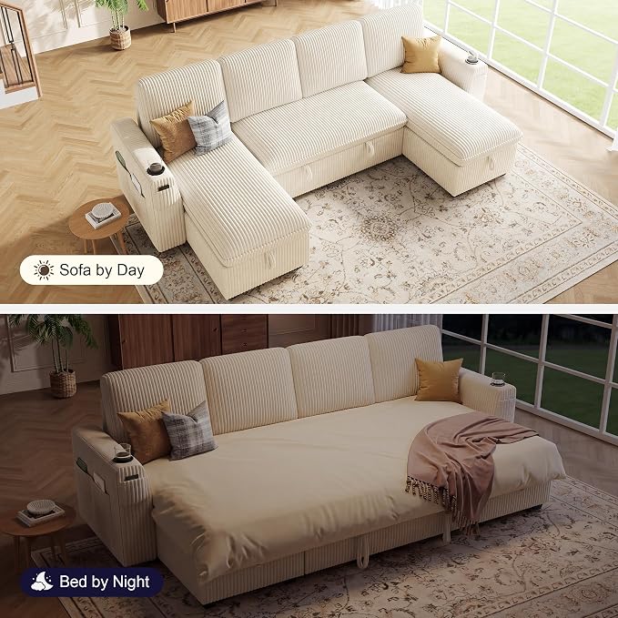 Sectional Sleeper Sofa with Pull Out Bed, Plush Corduroy Sectional Sofa with Double Storage Chaise and Adjustable Backrest, Cloud Sectional Couches for Living Room, Apartment, Beige