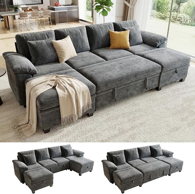 Sectional Sleeper Sofa Bed, 107.8" U Shaped 6 Seat Pull Out Couch with Storage Ottoman, Convertible Cloud Couch Bed, Modular Sectional Couches for Living Room, Apartment (Gray)