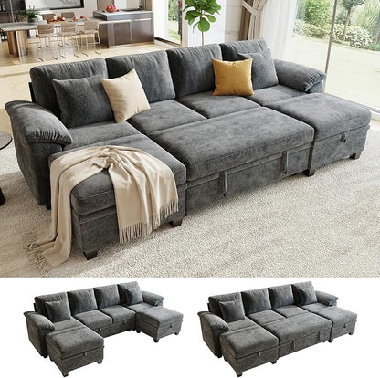 Sectional Sleeper Sofa Bed, 107.8" U Shaped 6 Seat Pull Out Couch with Storage Ottoman, Convertible Cloud Couch Bed, Modular Sectional Couches for Living Room, Apartment (Gray)