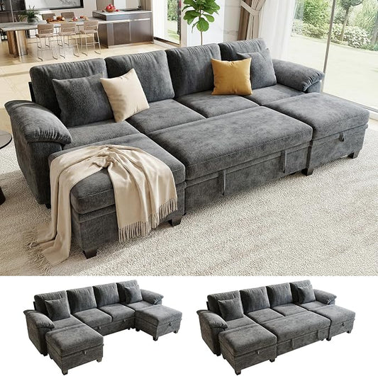 Sectional Sleeper Sofa Bed, 107.8" U Shaped 6 Seat Pull Out Couch with Storage Ottoman, Convertible Cloud Couch Bed, Modular Sectional Couches for Living Room, Apartment (Gray)