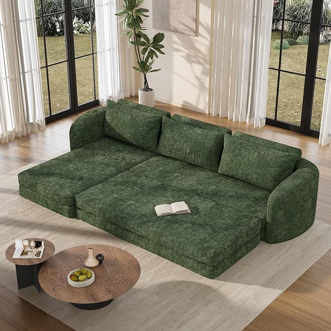 Vesgantti 6 in 1 Convertible Folding Sleeper Sofa Bed, 110.2" Modular Sectional Sofa with Curved Armrest, Chenille Boneless Couch for Living Room, No Assembly Required, Green, Left Facing Chaise
