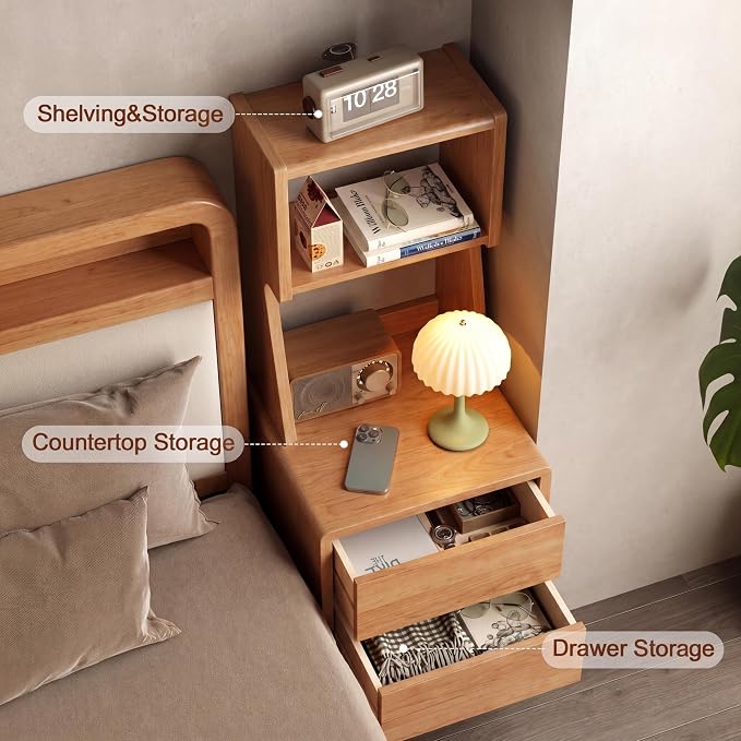 Solid Wood Bookshelf with Drawers,Narrow bookcase with Storage Shelves,Tall Nightstand with Drawers,Mid Century Modern Nightstand,Open Shelf Bookcase,Small Book Shelf for Bedroom,Living Room,Offices
