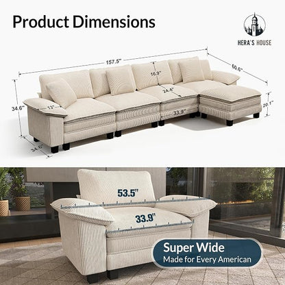 HERA'S HOUSE 158" Oversized Modular Sectional Sofa, Comfy L Shaped Couches for Living Room, Cloud Couch with Ottoman, 5-Seater Deep Seat Sofa with Throw Pillow, Corduroy Beige