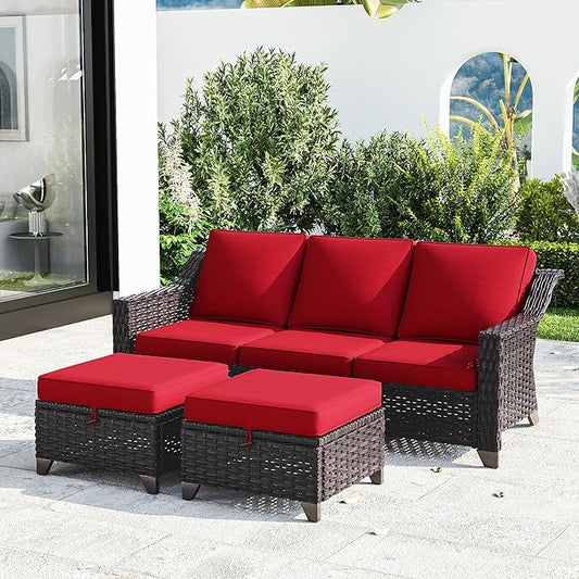 Joyside Patio Furniture Set, 3 Pieces Outdoor Wicker High Back Sofa with Ottoman and Comfy Cushions, Upgraded Large Size, All Weather High Back Conversation Set, (Brown/Red)