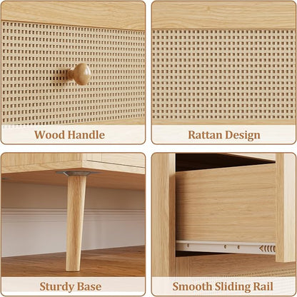 Rattan 6 Drawer Dresser for Bedroom, 47.3" Wide Dresser Chest of Drawers, Boho Wood Dresser TV Stand with Wood Handles, Storage Dressers Closet Organizer for Living Room Hallway, Natural Oak