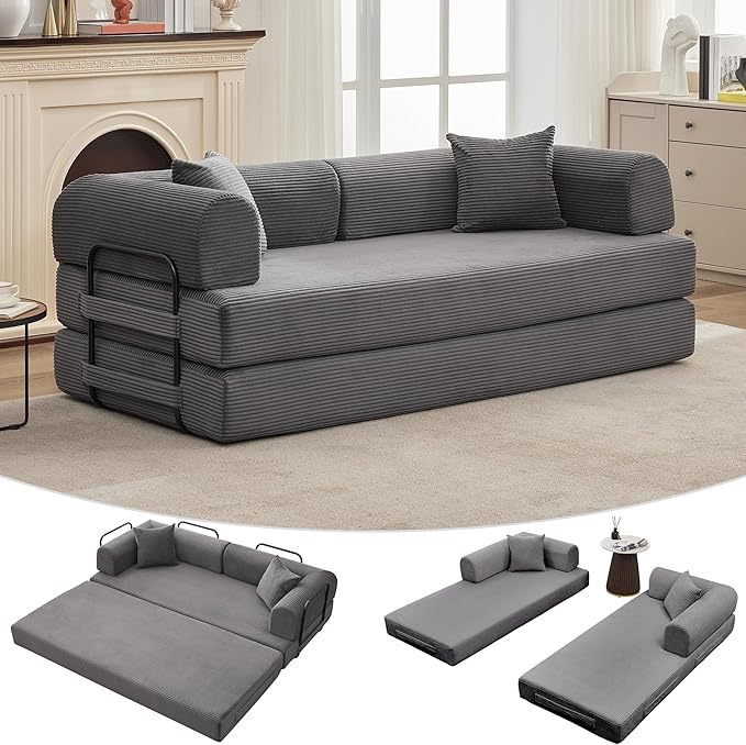IDEALHOUSE 4 in 1 Convertible Sleeper Sofa Bed Couch, 79 Inch Boneless Corduroy Floor Couch with Pillows, No Assembly, Modern Deep Seat Sofa Futon Mattress for Living Room,Apartment,Gray