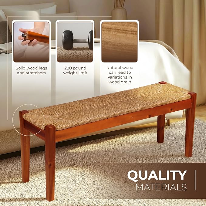 Vintage Entryway Bench, 47 inch Acacia Wood Bench with Woven Seagrass Seat, Entryway Bench, Wicker Bench Indoor for Hallway, End of Bed, Rustic Farmhouse Boho Style, Indoor Decorative Bench (Brown)