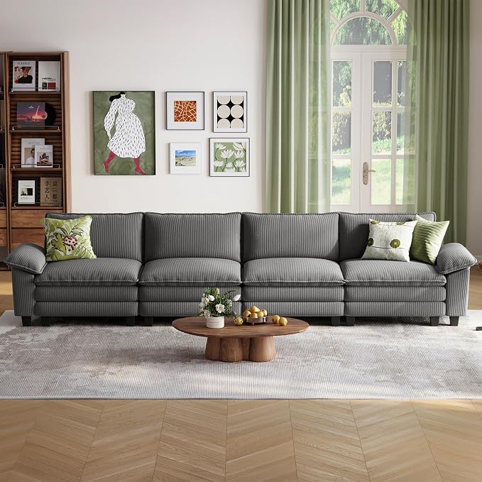LINSY HOME 157'' Modular Sectional Sofa 4 Seat Couch Corduroy Cloud Couch with Deep Seat, Modern Cloud Couch for Living Room, Office, Bedroom, Grey