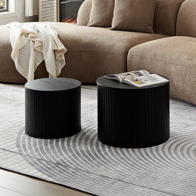 Nesting Coffee Tables Set of 2, Black Round Coffee Tables with Storage, Modern Fluted Circle Coffee Tea Table, Accent Wooden Drum Side End Table for Small Spaces Living Room