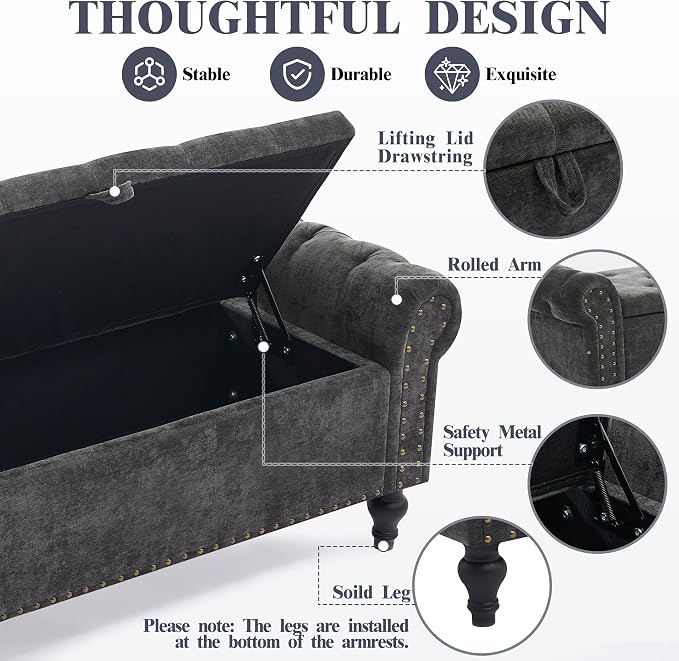 55" Storage Bench for Bedroom, Upholstered Ottoman Bench, Chenille DarkGray | End of Bed Bench for Bedroom, Window Benches for Living Room, Entryway, Ottoman with Large Storage Space, Pet Friendly
