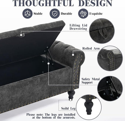 55" Storage Bench for Bedroom, Upholstered Ottoman Bench, Chenille DarkGray | End of Bed Bench for Bedroom, Window Benches for Living Room, Entryway, Ottoman with Large Storage Space, Pet Friendly
