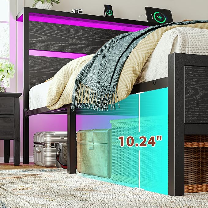 Homkdom Full Size Bed Frame with 900LBS Heavy-Duty Metal Slats,USB Ports & LED Lights,Headboard Shelf, 10.24” Underbed Storage, Noise-Free, No Box Spring Needed, Modern Black