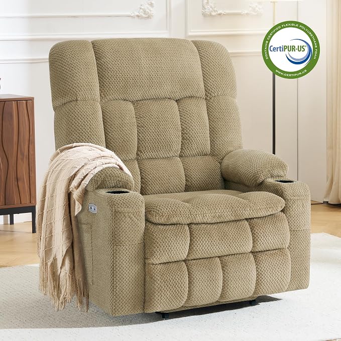 MCombo Oversized Power Lift Recliner Chair for Elderly, Dual Motor Lift Chair with Heat and Massage, Lay Flat Lift Chair for Big and Tall, Cup Holders, Fabric R7891 (Large-Wide, Beige)