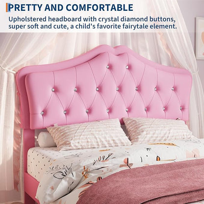 Garvee Full Size Bed Frame with LED Lights & Velvet Crystal Button Headboard, Upholstered Boy/Girl Platform Bed with Storage Drawer, Noise Free, No Box Spring Needed for Kids, Teens, Pink