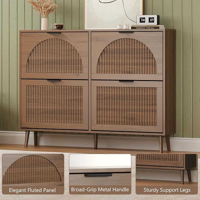 BORNOON Shoe Cabinet for Entryway with 4 Flip Drawers, Slim Wooden Shoe Storage Organizer with Modern Fluted Pannel，Freestanding Narrow Hidden Shoe Rack for Hallway, Foyer, Living Room