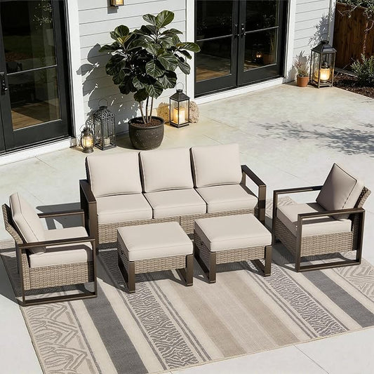Joyside Outdoor Patio Chairs, 5 Pieces Wicker Rattan Furniture Set, 2 Patio Chairs, 1 Sofa and 2 Ottoman, Metal Wide Armrest, Thick Cushions and Deep Seating for Garden, Backyard, Porch, Deck