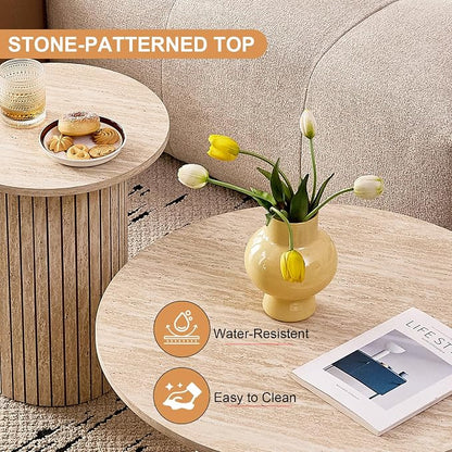 Round Nesting Coffee Tables for Living Room, Set of 2, Beige | φ27.6 + φ15.8 Boho Small Circle Side Tables, Fluted Drum Design Easy Assembly Minimalist Modern End Table Non-Slip Feet