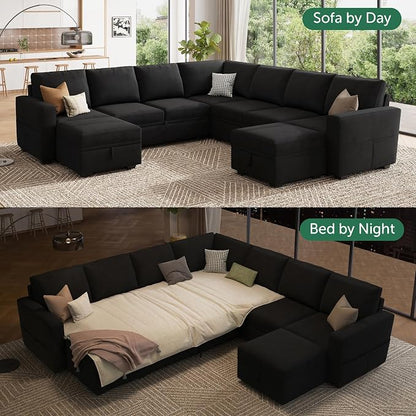HONBAY Modular Sectional Sleeper Sofa with Pull Out Couch, Oversized U Shaped Sleeper Pull Out Bed with Storage Sectional Couches for Living Room - Black