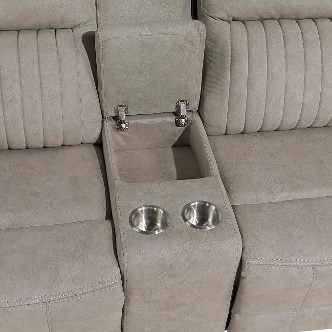 Lexicon Manual Double Reclining Loveseat, Polished Microfiber Manual Wall Hugger Loveseat Recliner for Living Room, Center Storage Console/Cup Holders, Easy Assembly, Dove