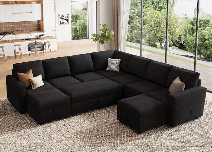 HONBAY Modular Sectional Sleeper Sofa with Pull Out Couch, Oversized U Shaped Sleeper Pull Out Bed with Storage Sectional Couches for Living Room - Black