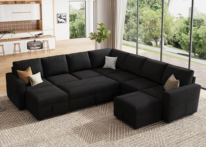 HONBAY Modular Sectional Sleeper Sofa with Pull Out Couch, Oversized U Shaped Sleeper Pull Out Bed with Storage Sectional Couches for Living Room - Black