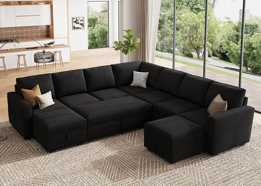 HONBAY Modular Sectional Sleeper Sofa with Pull Out Couch, Oversized U Shaped Sleeper Pull Out Bed with Storage Sectional Couches for Living Room - Black