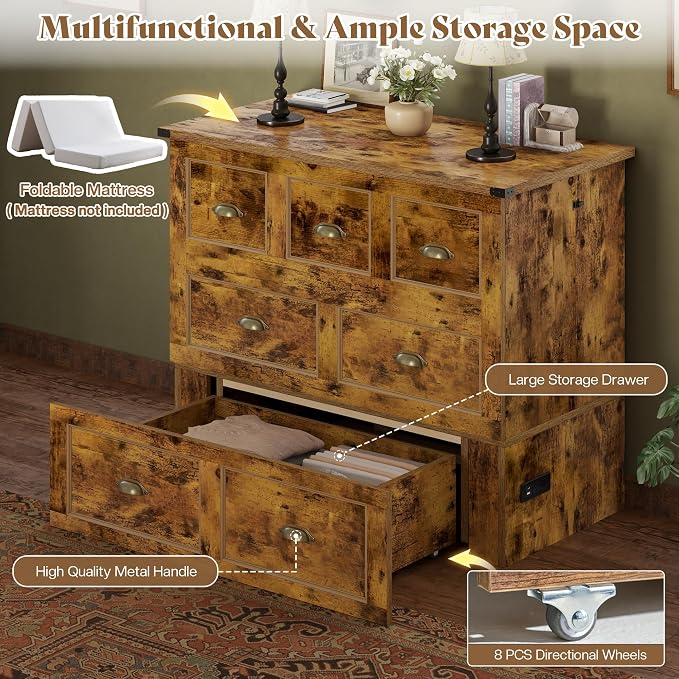 AMERLIFE Twin Size Murphy Bed, Farmhouse Wooden Cabinet with Charging Station and Storage Drawer for Bedroom/Office/Guest Room, Rustic Brown