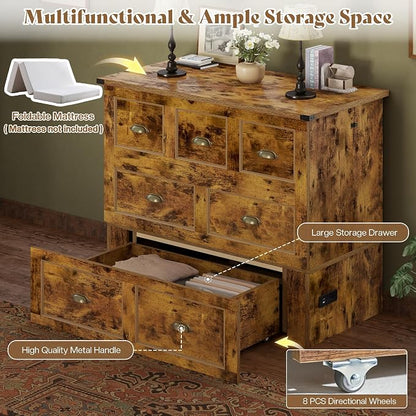 AMERLIFE Twin Size Murphy Bed, Farmhouse Wooden Cabinet with Charging Station and Storage Drawer for Bedroom/Office/Guest Room, Rustic Brown