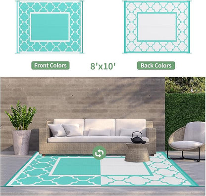 GENIMO 8 ' x 10 ' Outdoor Rug for Patio Clearance, Waterproof Indoor Outdoor Plastic Straw Rugs Carpet, Reversible Outside Area Mat for Camping, Balcony Porch, Deck, Picnic, Beach Aqua Blue & White