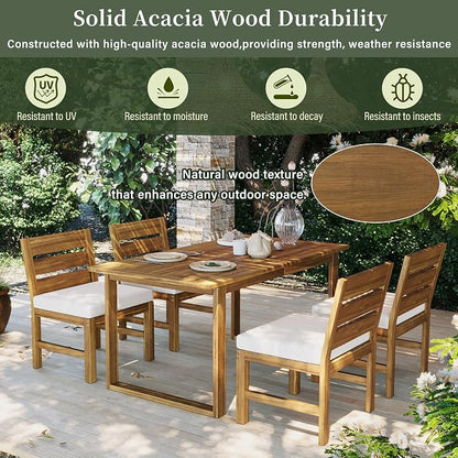 Quarte Premium 4-Piece Farmhouse Outdoor Dining Set in Solid Acacia Wood with Comfort Cushions and Adjustable Legs for Patio, Garden, Backyard (Beige+Natural5)