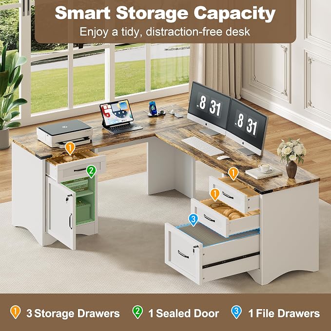 Decofy Farmhouse L Shaped Standing Desk with Storage Drawers, 67'' Corner Office Desk with File Cabinet & Charging Station, Wood Writing Computer Desk for Home Office, Study Room, White