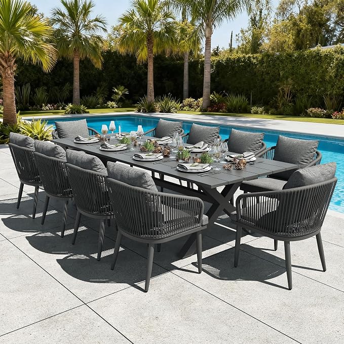 LayinSun 11 Pieces Outdoor Patio Dining Set, Aluminium Rectangular Dining Table and Wicker Rattan Chairs Set for Outside Backyard, Poolside