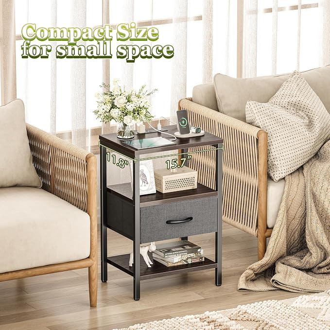 SUPERJARE Nightstand with Charging Station, Bed Side Table with Adjustable Fabric Drawer, Night Stand for Bedroom, 3-Tier Storage End Table, for Living Room - Walnut