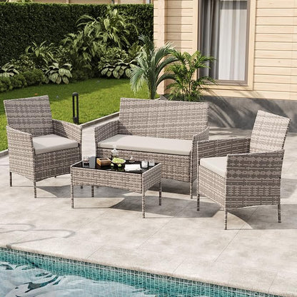 4-Piece Outdoor Furniture Set, PE Rattan Wicker Chairs with Soft Cushions & Tempered Glass Coffee Table - All-Weather Patio Set for Garden, Backyard, Porch, Poolside (Gray/Light Gray)