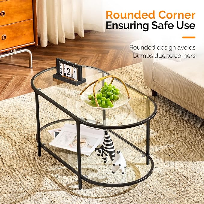 VINGLI Glass Coffee Table, 38" Oval Coffe Table for Home Decor, Modern Tea Table with 2-Tier Storage, Skinny Coffee Tables for Living Room, Office, Small Space, Black