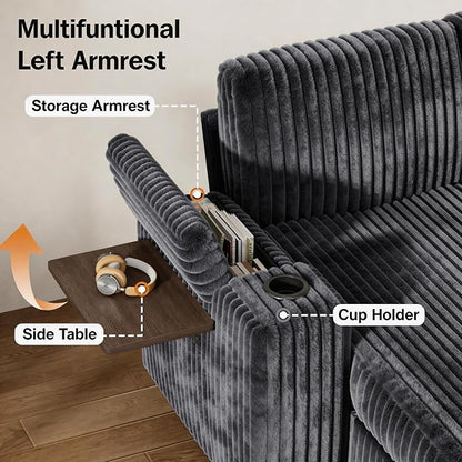 Vipbear 86" Modular Sectional Sleeper Sofa with Pull Out Bed, 3 Seat Plush Corduroy L Shaped Couch with Storage Chaise|USB Ports|Cup Holders|Side Table|Storage Armrests, Tool Free Assembly, Grey
