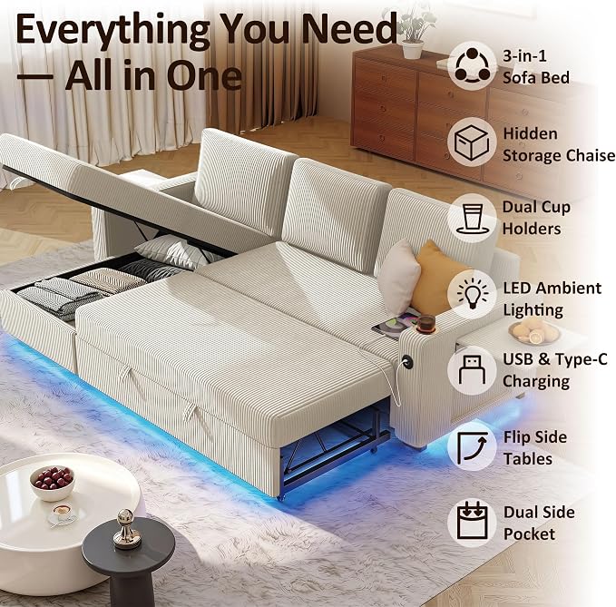 Ball & Cast 80" Sectional Sleeper Sofa Bed Pull Out Couches for Living Room | L Shaped Convertible Pull Out Sofa Bed with Storage Chaise, LED Lights, Foldable Table, USB Ports, Cup Holder and Side Pocket