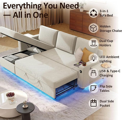 Ball & Cast 80" Sectional Sleeper Sofa Bed Pull Out Couches for Living Room | L Shaped Convertible Pull Out Sofa Bed with Storage Chaise, LED Lights, Foldable Table, USB Ports, Cup Holder and Side Pocket
