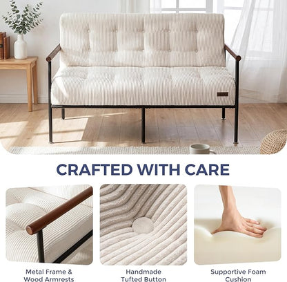 MAXYOYO Living Room Accent Chair, Loveseat Sofa Chair with Sturdy Metal Frame & Wood Armrests, Button Tufted Upholstered Small Couch Modern Love Seat for Bedroom Office, Beige