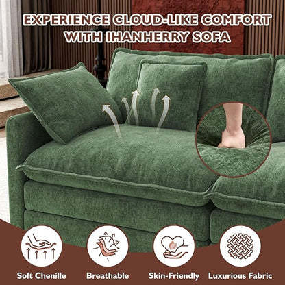 Ihanherry 114" V-Shaped Modern Sofa Modular Sectional Cloud Couch with 2 Ottoman, 7-Seat Chenille Deep Seat Sofa with Corner Section for Living Room, Bedroom and Apartment, Green