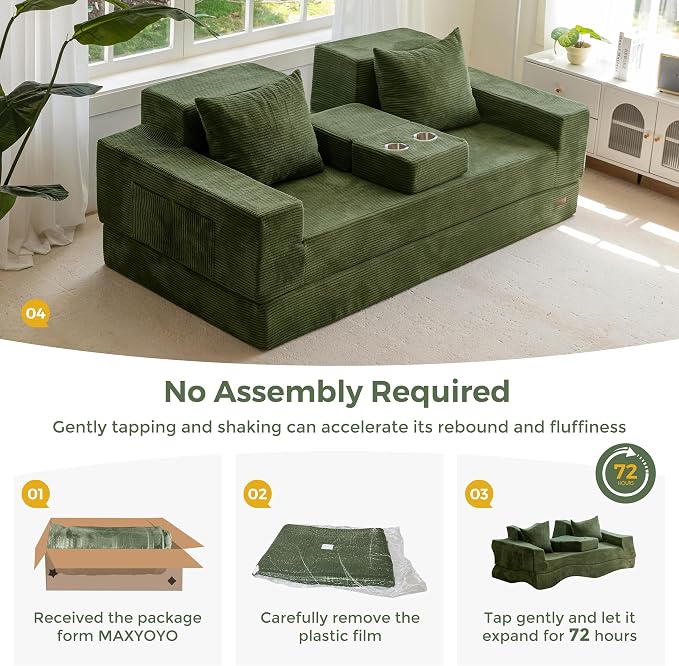 MAXYOYO Convertible Sofa Bed, 80" Oversized Boneless Loveseat Couch 4 in 1 Foldable Floor Sofa Couch in A Box with 2 Cup Holders, Folding Chair for Living Room, No Assembly Required, Green