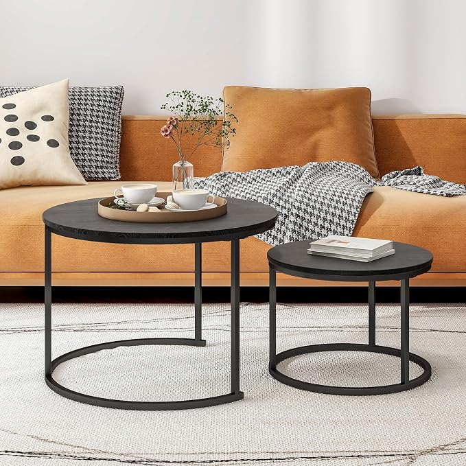 HOJINLINERO Round Coffee Table,Nesting Coffee Table Set of 2,Center Tables for Living Room,Office, Home Small Space,Stacking Side Tables,Sturdy and Easy Assembly,Wood Desktop,Black,Large