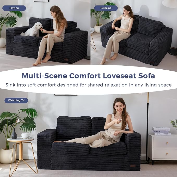MAXYOYO Boneless Loveseat Sofa Couch for Adults, Floor Bean Bag Couch Sofa | Faux Fur Sofa with Armrests and Back Support, Plush Foam Filled Lounge Couch, Cozy Bean Bag Couch for Living Room, Apartment