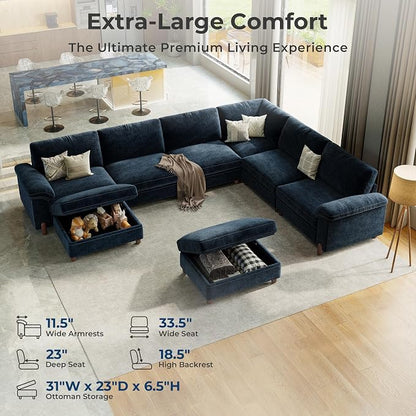 SITJOY Large Cloud Couch, 138" Wide 6 Seater V Shape, Chenille in Navy Blue | Detachable and Washable Chenille Cover Sectional Sofas for Living Room, Deep Seat Wide Couch with Chaise, Storage Ottoman