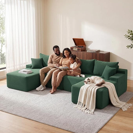 Mangodan 118'' Cloud Sectional Couch, U Shaped Boneless Couches for Living Room, Modular Sectional Sofa with Deep Seat Light Facing Chaise, Comfy Cloud Couch Sofa, Green