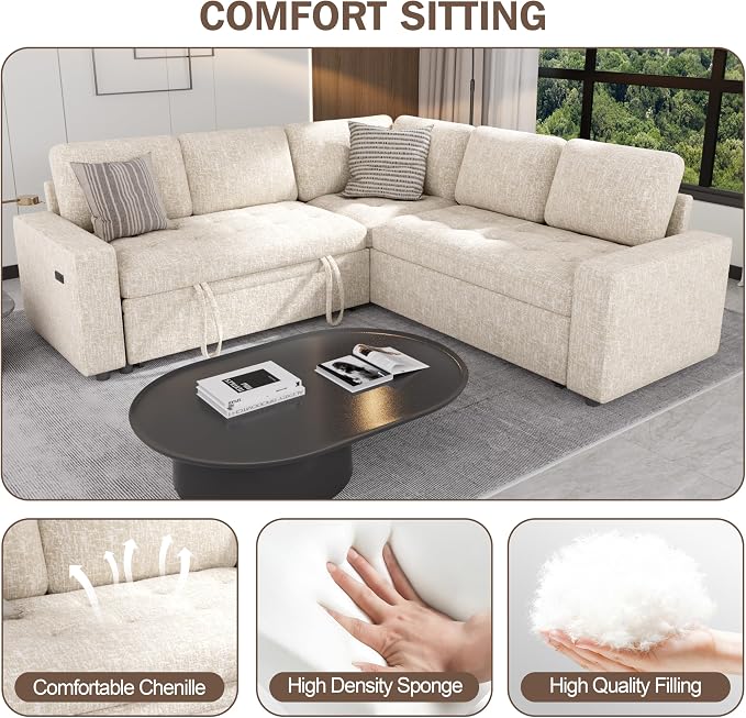 Sunny Heart Chenille Modular Sectional Sleeper Sofa with Pull Out Bed, L Shaped Sectional Sofa with USB Ports/Adjustable Backrest/Storage Seats, Tool-Free Assembly, Couches for Living Room Beige